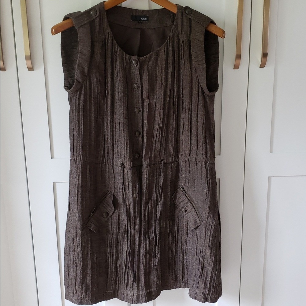 Next Textured Shift Dress Womens 12 Brown Crinkle Button Front Utility Pocket